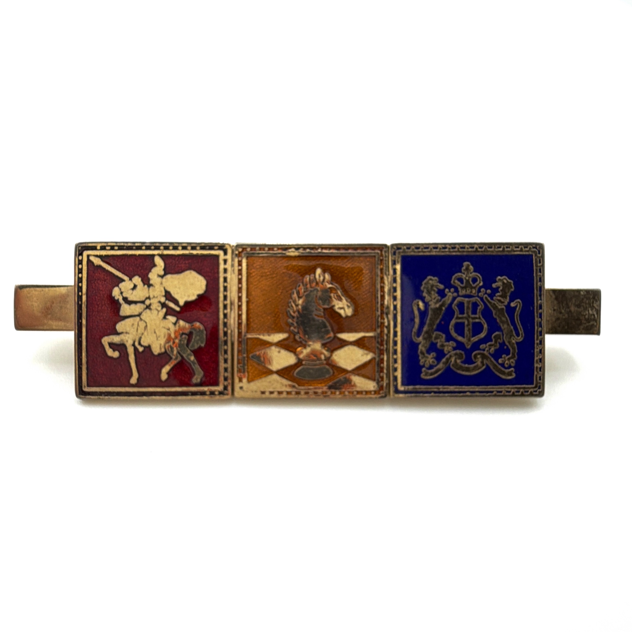 Mid-Century 50s–70s Gold Tone Enamel Heraldic Knight Bar Brooch 16.33g 2.75 in — Back