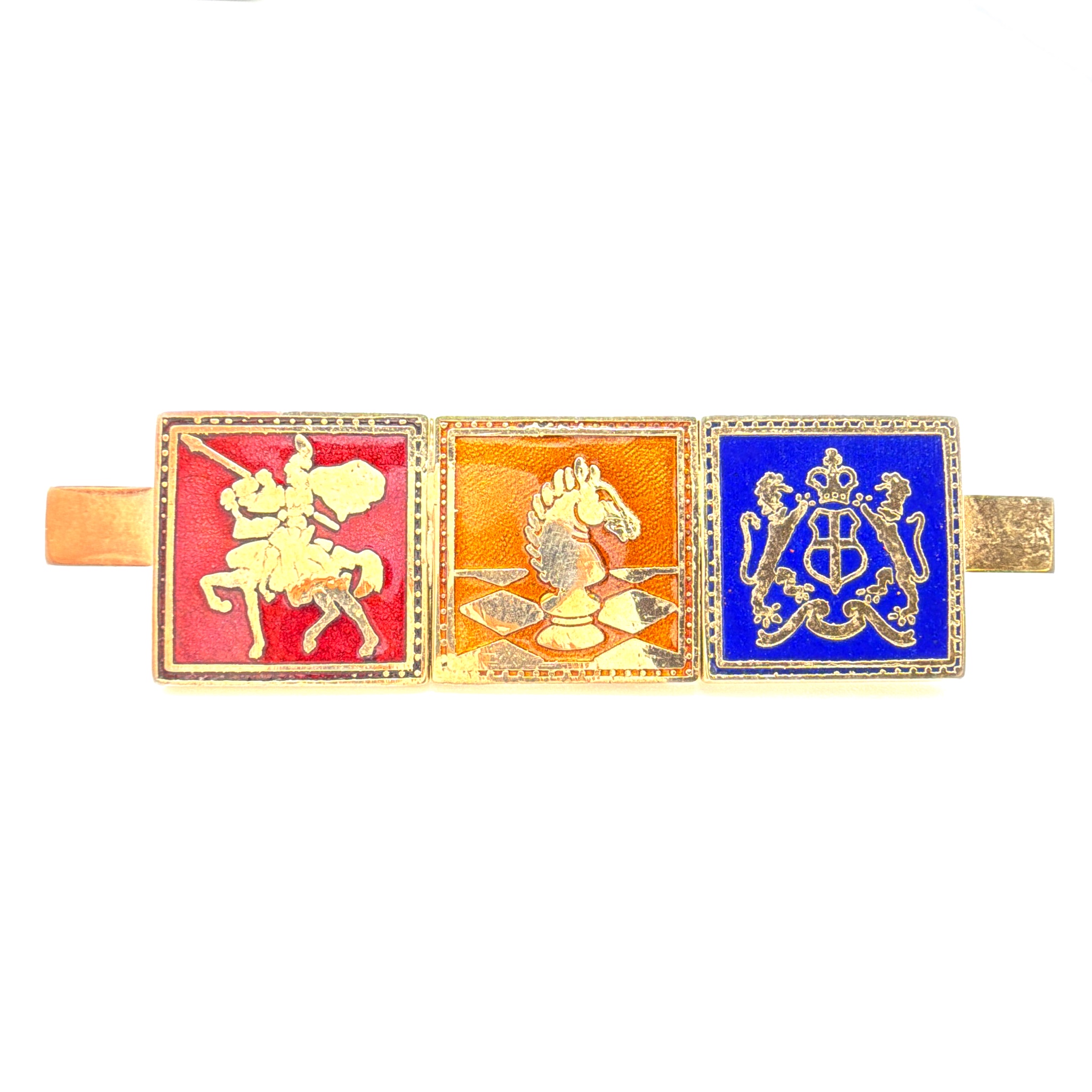Mid-Century 50s–70s Gold Tone Enamel Heraldic Knight Bar Brooch 16.33g 2.75 in — Front