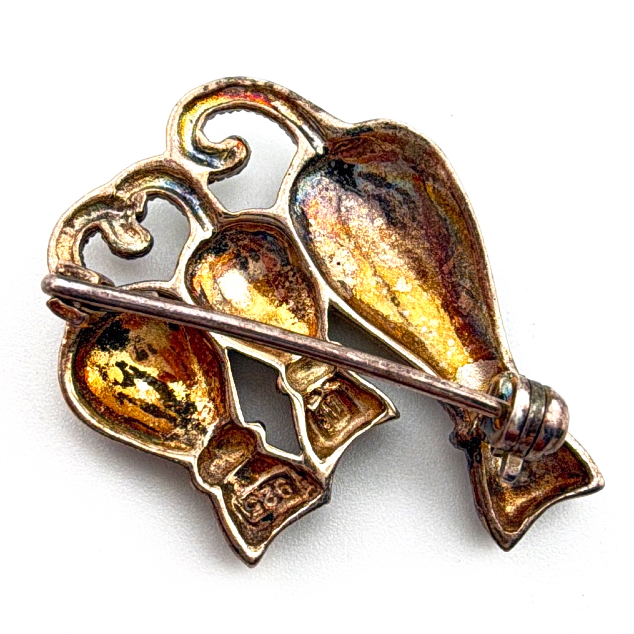 Vintage Sterling Marcasite Three Cats Brooch 1.125 in 6.06g — Back