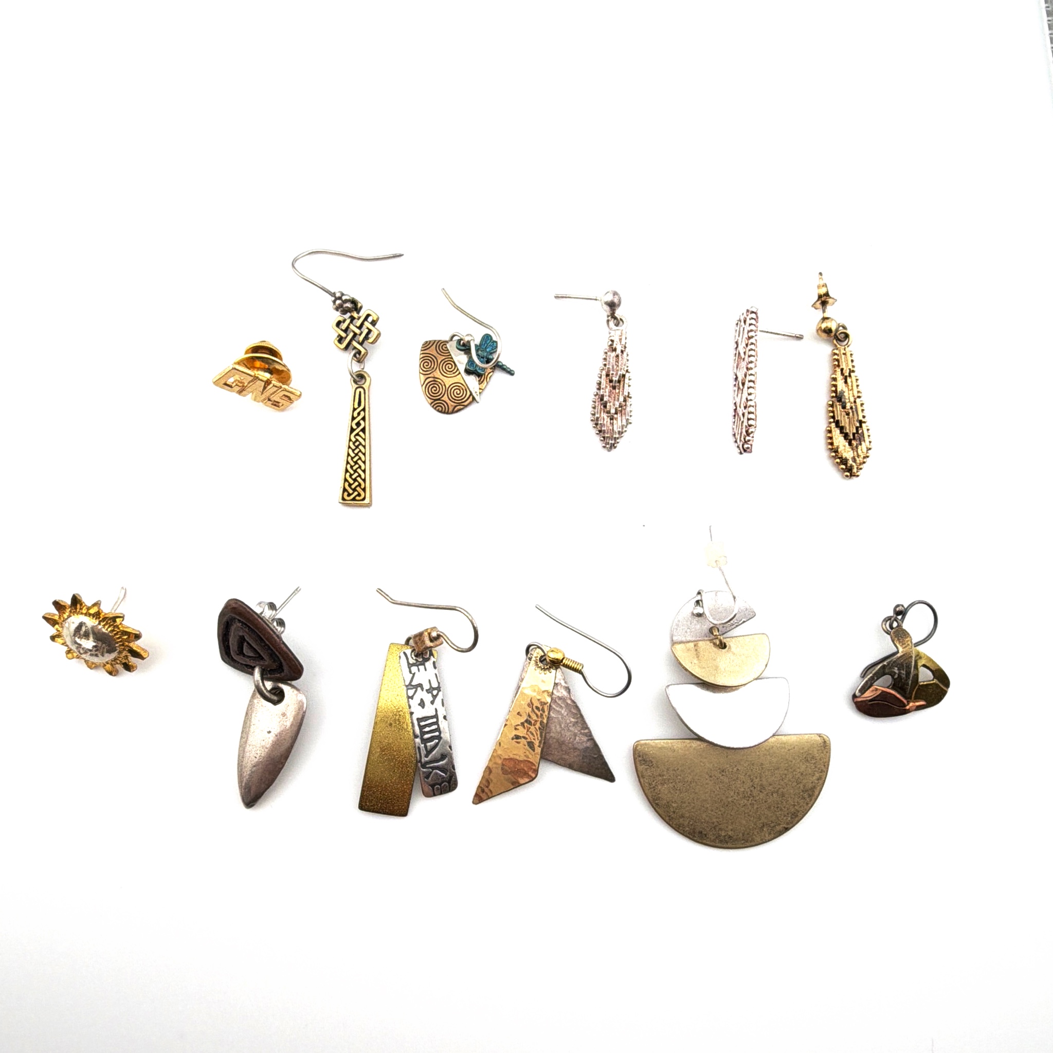 Mixed Metal Single Earring & Pin Lot, One Stamped Sterling, 31.93g 2.5 in