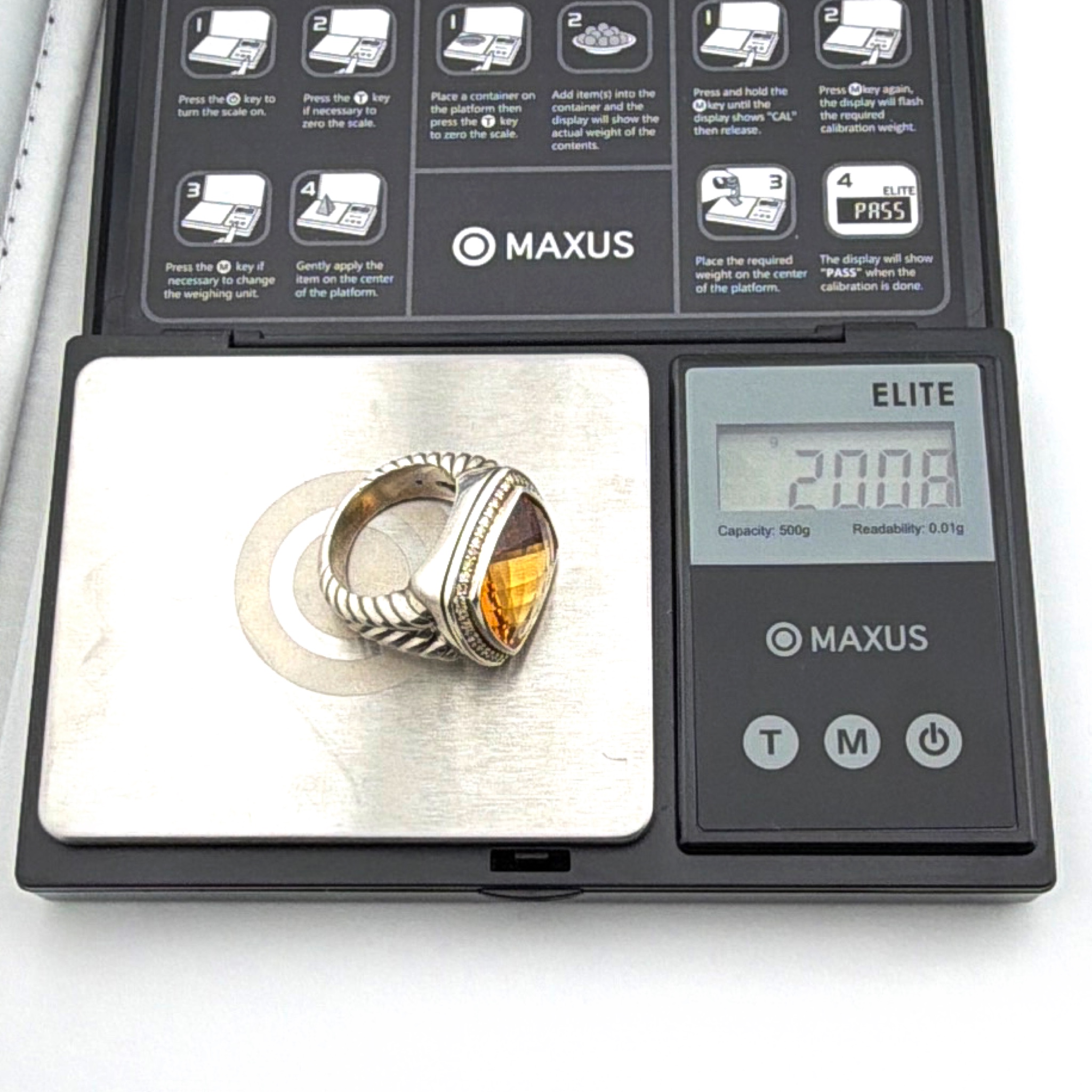 David Yurman Sterling Citrine Diamond Halo Size 8.5 Cable Statement Ring 20.08g — For scale