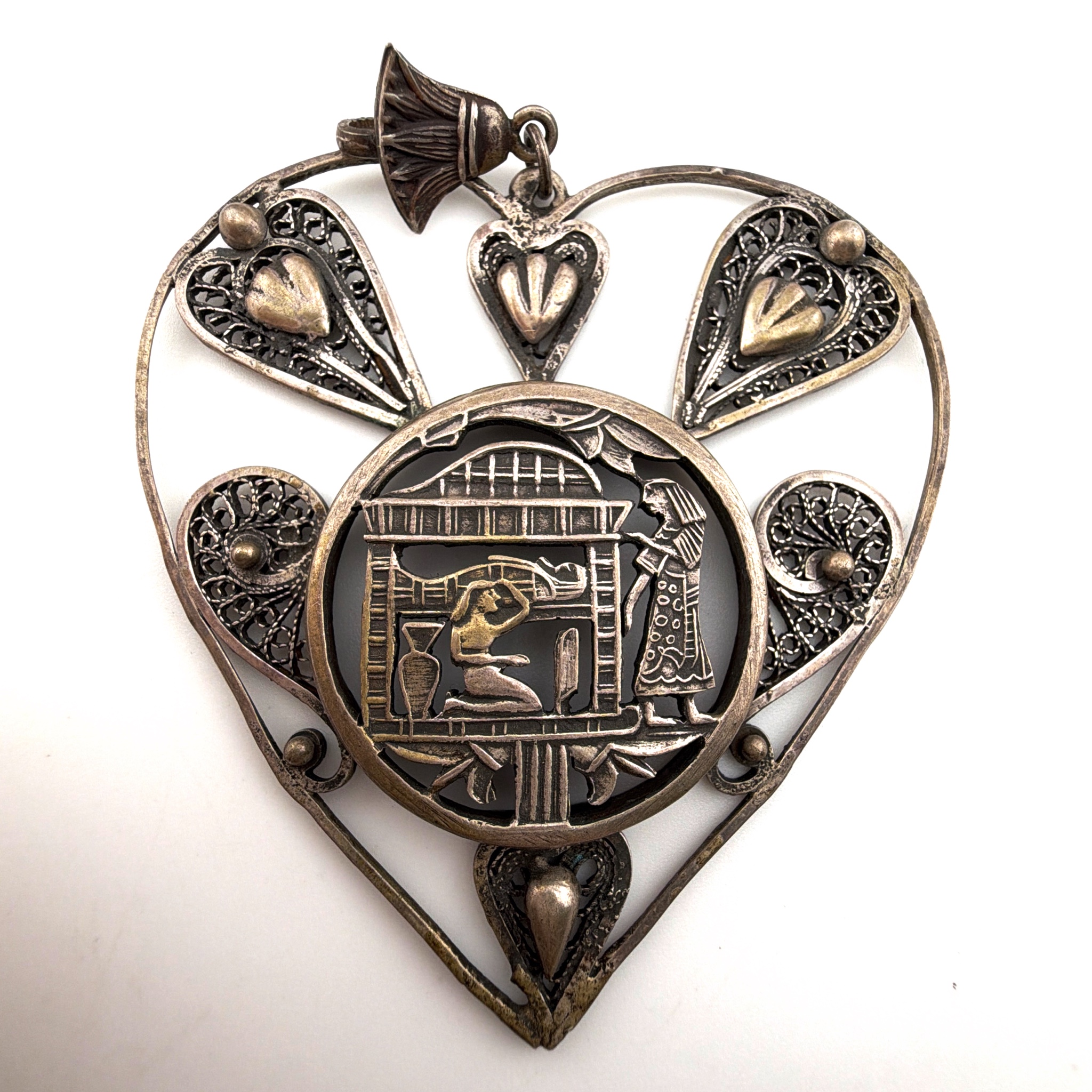 800 Silver Egyptian Revival Filigree 2.9 in Heart Pendant 24.53g — Front