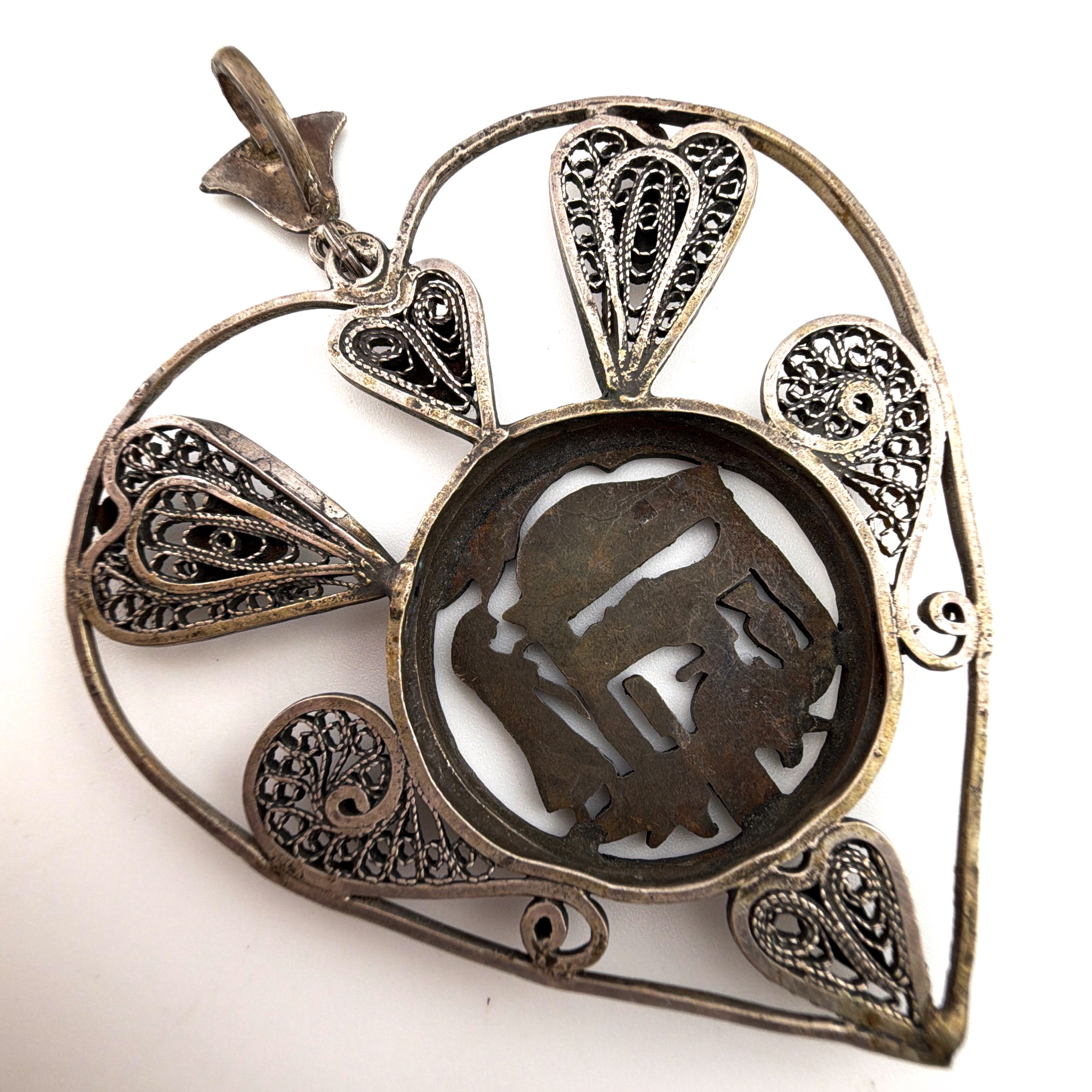 800 Silver Egyptian Revival Filigree 2.9 in Heart Pendant 24.53g — Back