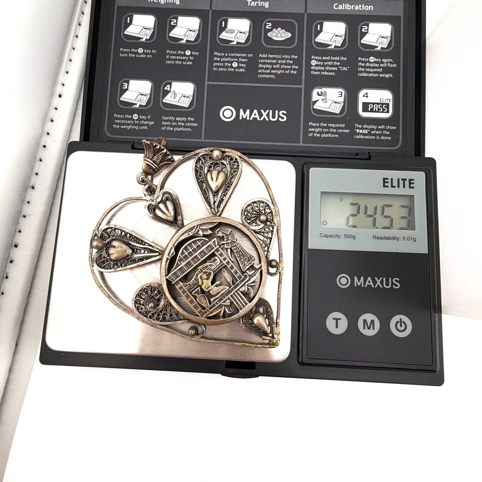 800 Silver Egyptian Revival Filigree 2.9 in Heart Pendant 24.53g — For scale