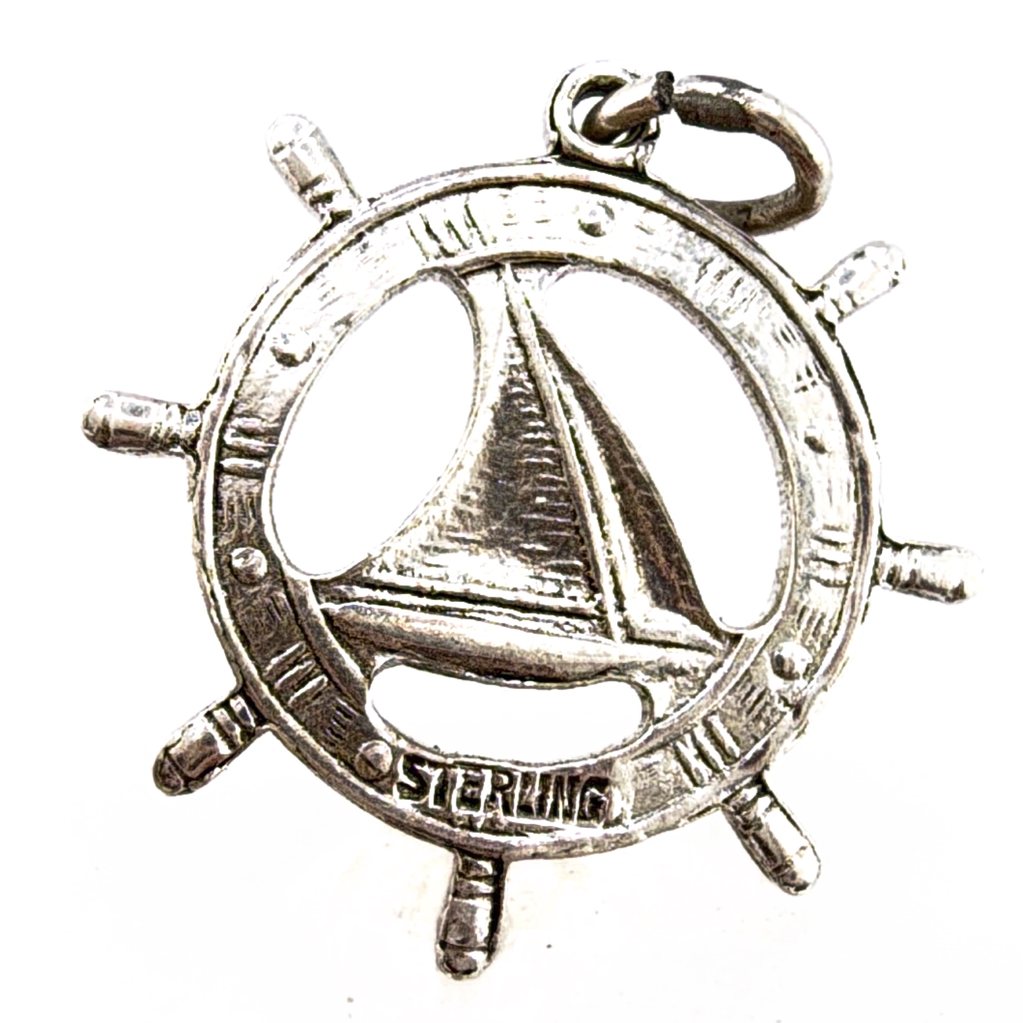 Sterling Ship’s Wheel Sailboat Charm Pendant 1.13g — Detail